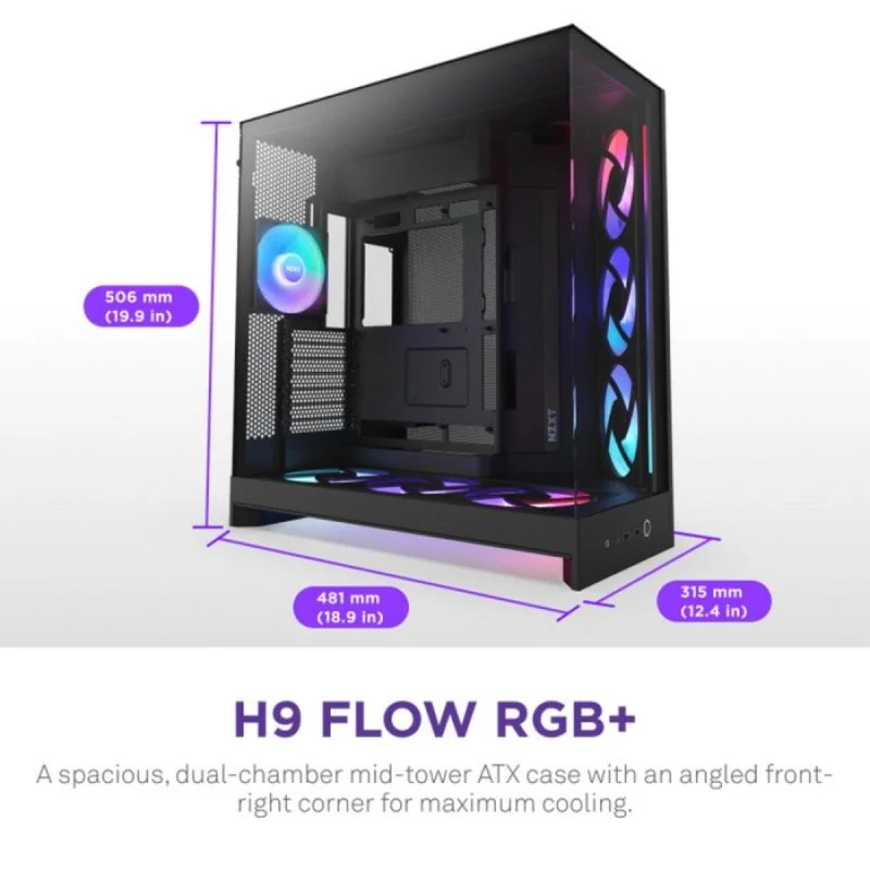 NZXT H9 Flow RGB+ Caixa E-ATX com Vidro Temperado e Iluminação RGB Preta - Image 2
